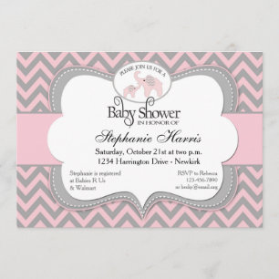 Invitation Baby shower d'éléphants dans le rose de Chevron