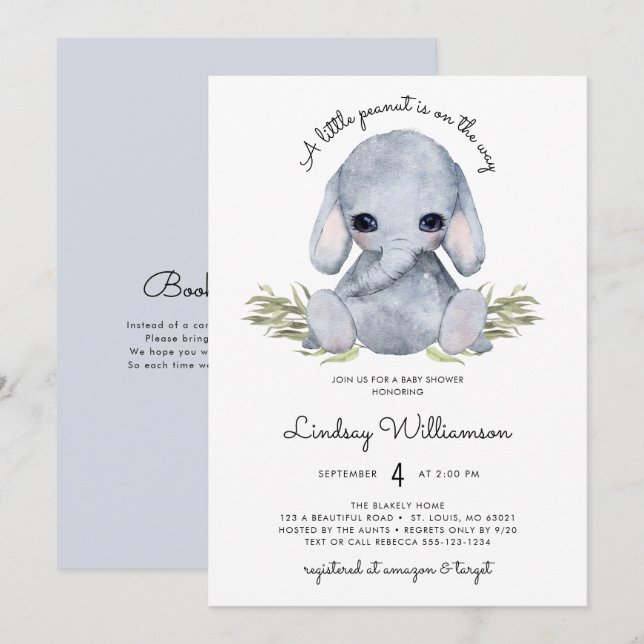 Invitation Baby shower d'éléphants neutres selon le sexe (Devant / Derrière)