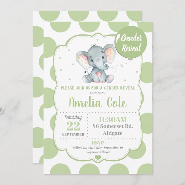 Invitation Baby shower d'éléphants : révélation de (Devant / Derrière)