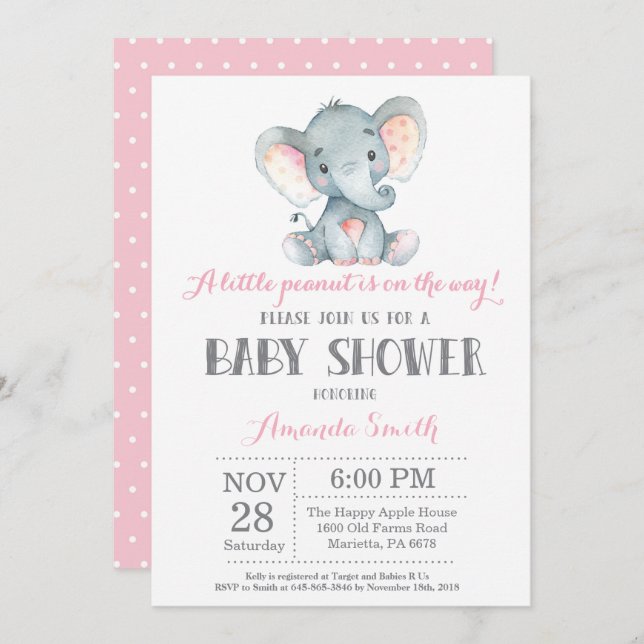 Invitation Baby shower d'éléphants rose et gris (Devant / Derrière)