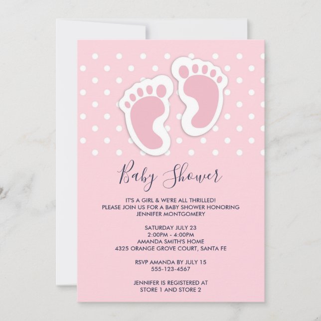 Invitation Baby shower d'empreintes de filles mignonnes roses (Devant)