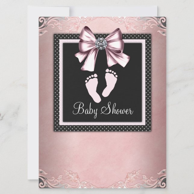 Invitation Baby shower d'empreintes rose noire (Devant)