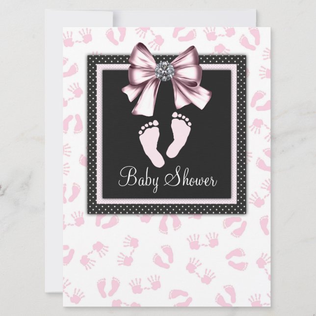 Invitation Baby shower d'empreintes rose noire (Devant)