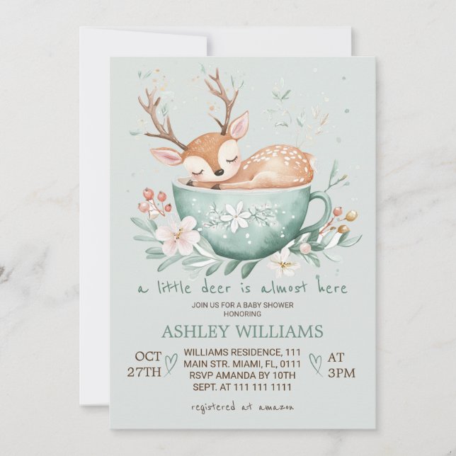 Invitation Baby shower d'enseignement floral de cerfs de bois (Devant)