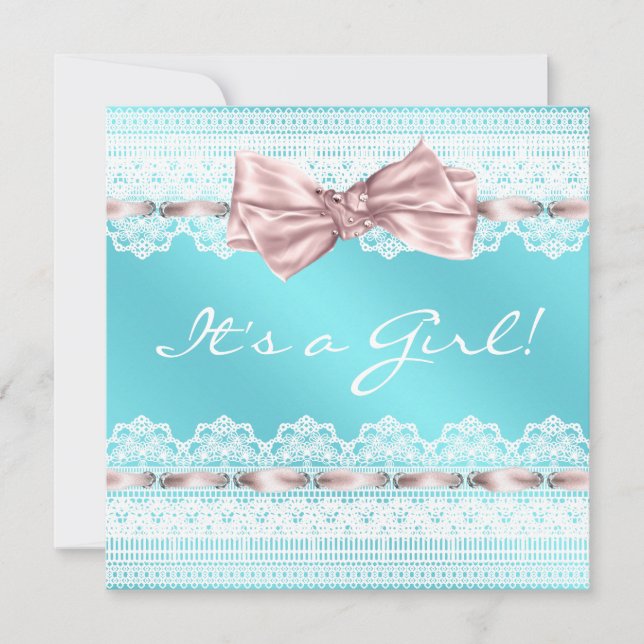 Invitation Baby-Shower Dentelle Blanche Ruban Rose Bleu Canar (Devant)