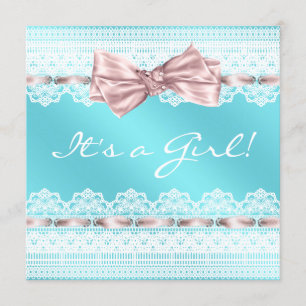 Invitation Baby-Shower Dentelle Blanche Ruban Rose Bleu Canar