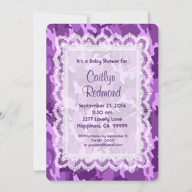 Invitation Baby shower Dentelle de Camouflage violet de FILLE (Dos)