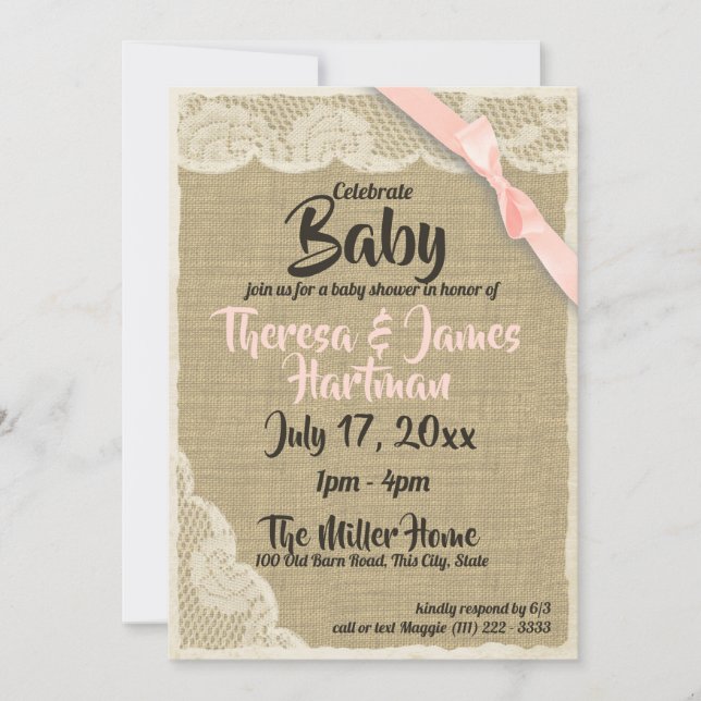 Invitation Baby shower dentelle et burlap (Devant)
