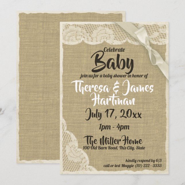 Invitation Baby shower dentelle et burlap (Devant / Derrière)