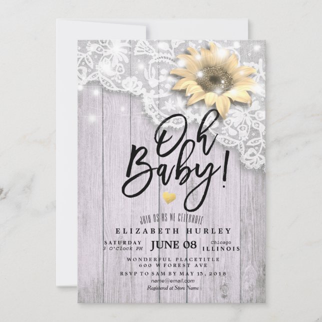 Invitation Baby shower dentelle tournesol grange bois String  (Devant)