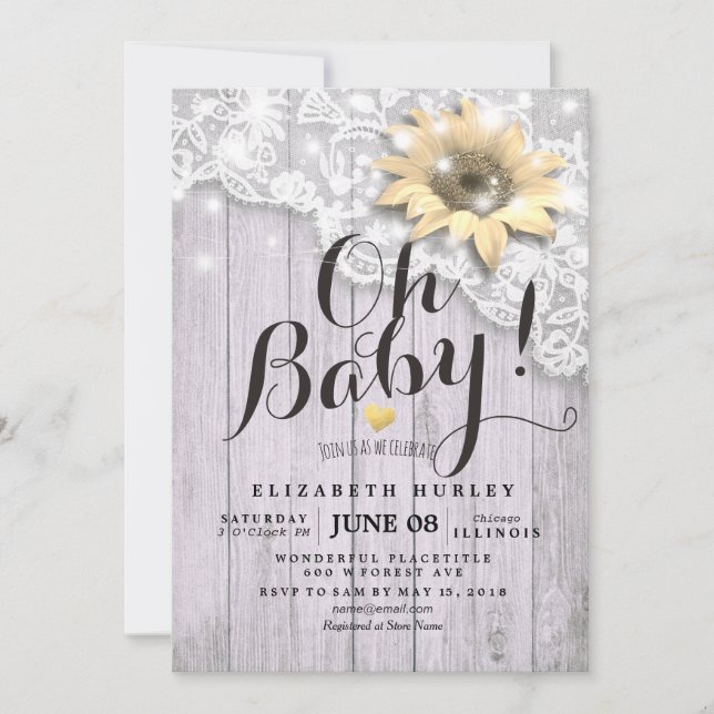 Invitation Baby shower dentelle tournesol grange bois String  (Devant)