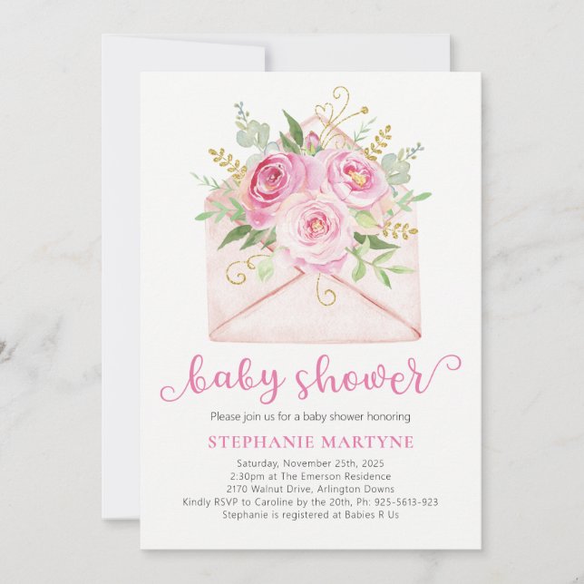 Invitation Baby shower d'enveloppes florales rose Aquarelle (Devant)