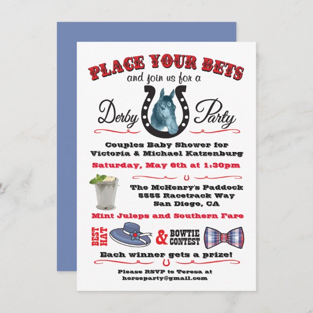 Invitation Baby shower Derby Horse Racing (Devant / Derrière)