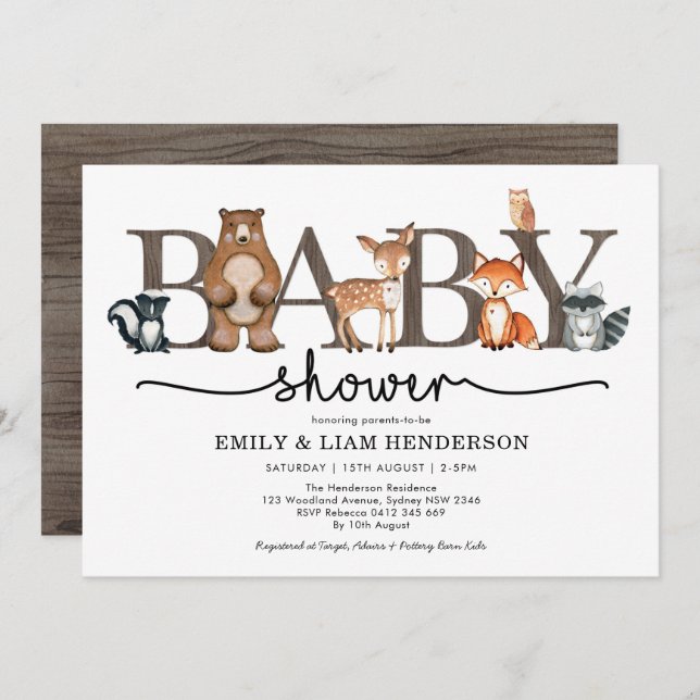 Invitation Baby shower des animaux boisés de forêt rustique (Devant / Derrière)