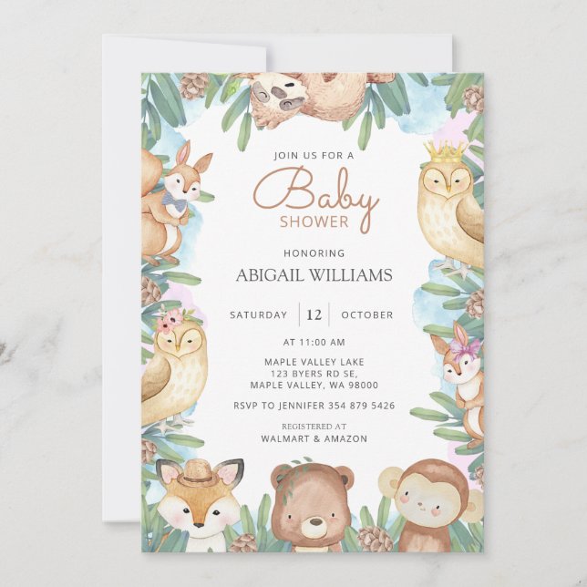 Invitation Baby shower des animaux d'aquarelle des bois (Devant)