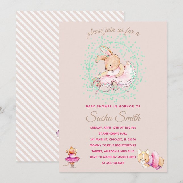 Invitation Baby shower des animaux de ballet (Devant / Derrière)