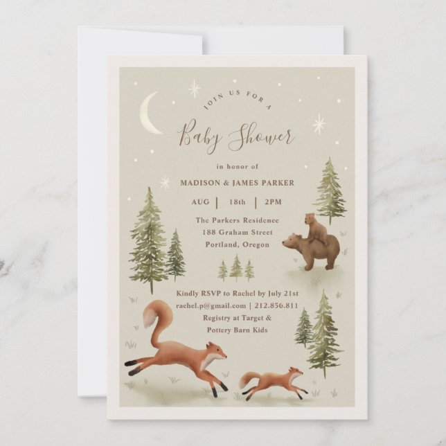 Invitation Baby shower des animaux de bois neutres (Devant)
