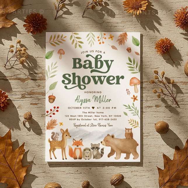 Invitation Baby shower des animaux de bois neutres selon le s (Sweet woodland animal baby shower invitation in cozy autumn colors 🍁🦔🦊)