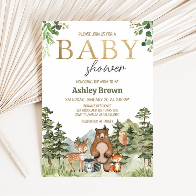 Invitation Baby shower des animaux de bois verdoyants (Greenery Forest Animals Baby Shower Invitation )