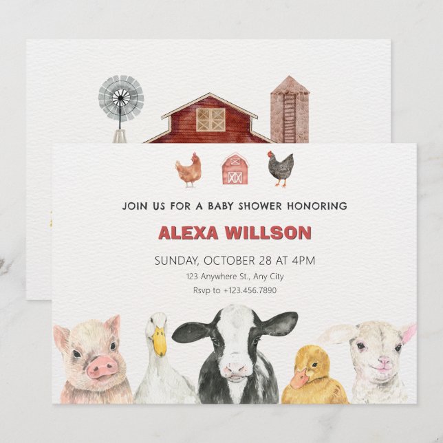 Invitation Baby shower des animaux de ferme (Devant / Derrière)