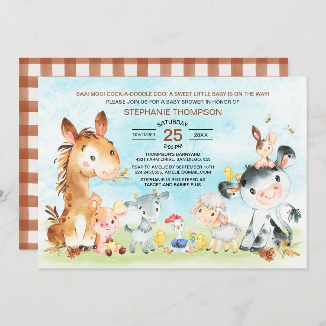 Invitation Baby shower des animaux de ferme aquarelle (Devant / Derrière)