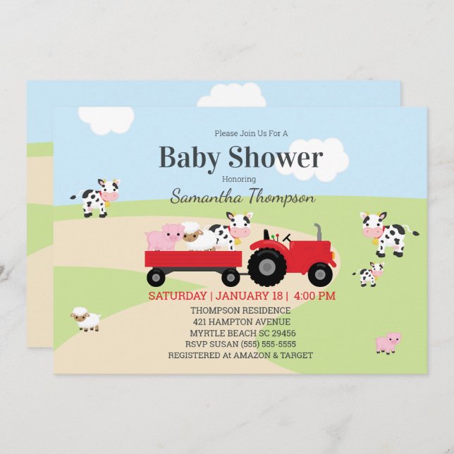 Invitation Baby shower des animaux de ferme Red Tractor Boys (Devant / Derrière)