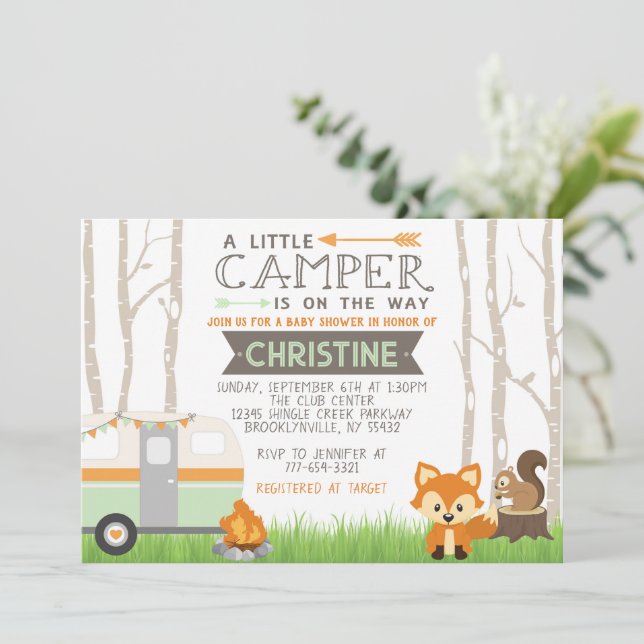 Invitation Baby shower des animaux de forêt de camping de Woo (Debout devant)