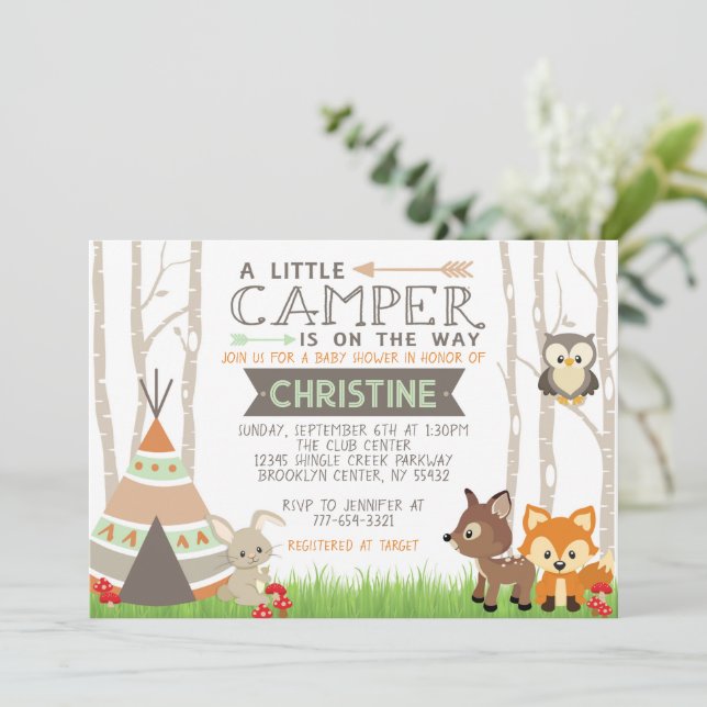 Invitation Baby shower des animaux de la forêt de la Petite C (Debout devant)