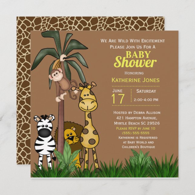 Invitation Baby shower des animaux de la jungle (Devant / Derrière)