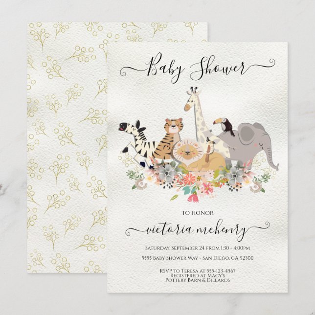 Invitation Baby shower des animaux de la jungle (Devant / Derrière)
