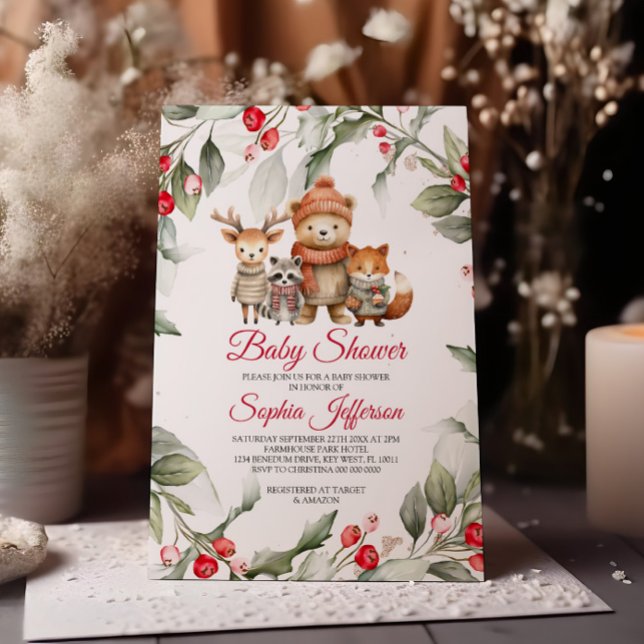 Invitation Baby shower des animaux de Noël en bois (Créateur téléchargé)