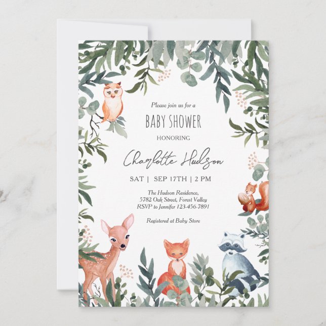 Invitation Baby shower des animaux des bois (Devant)