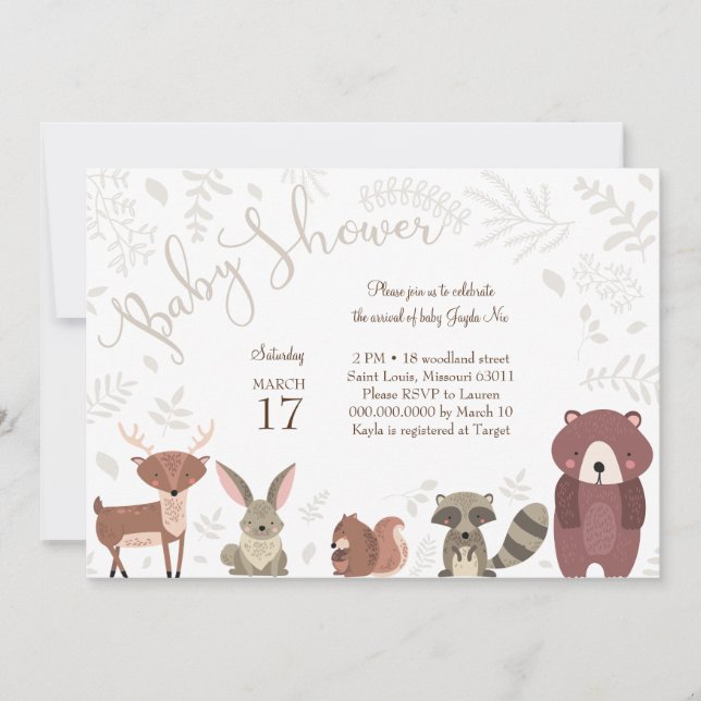 Invitation Baby shower des animaux des bois (Devant)