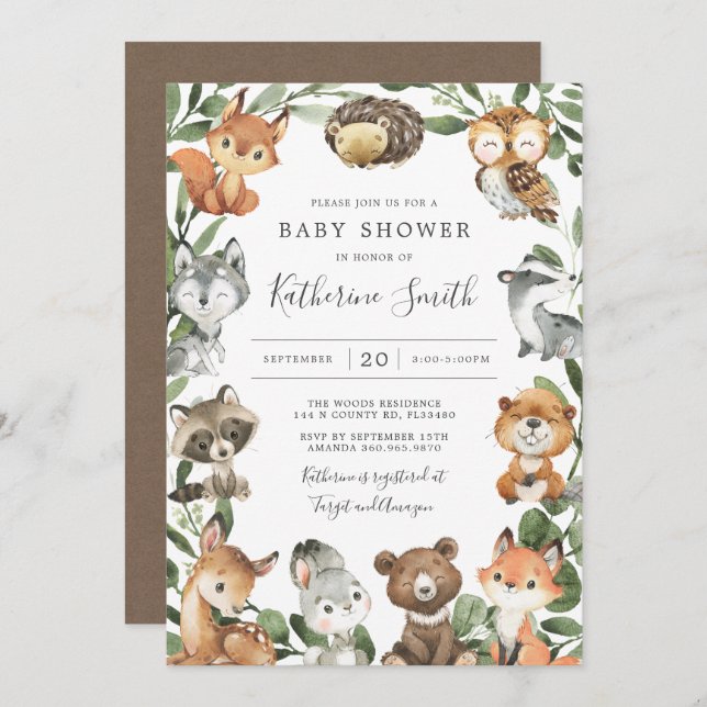 Invitation Baby shower des animaux des bois (Devant / Derrière)