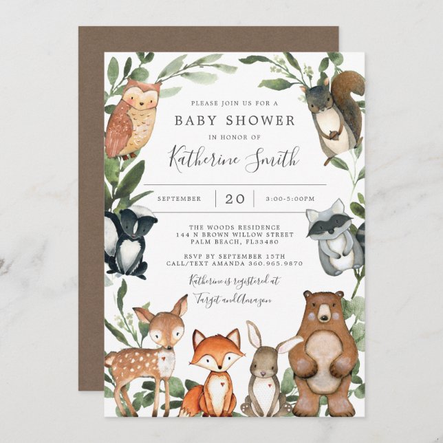 Invitation Baby shower des animaux des bois (Devant / Derrière)