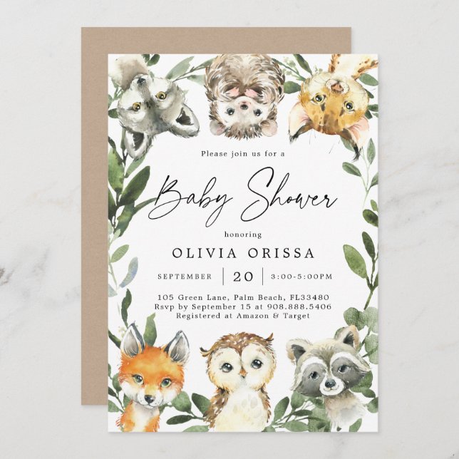 Invitation Baby shower des animaux des bois (Devant / Derrière)