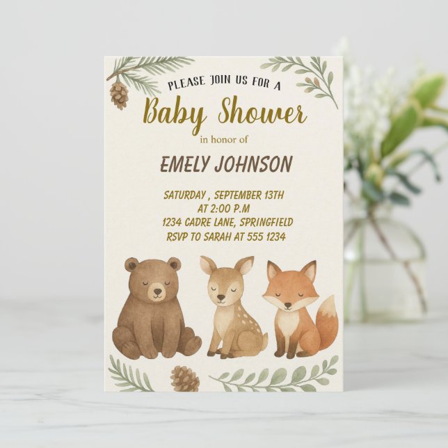 Invitation Baby shower des animaux des bois (Debout devant)