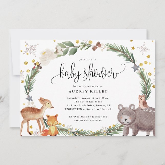 Invitation Baby shower des animaux des bois d'hive (Devant)