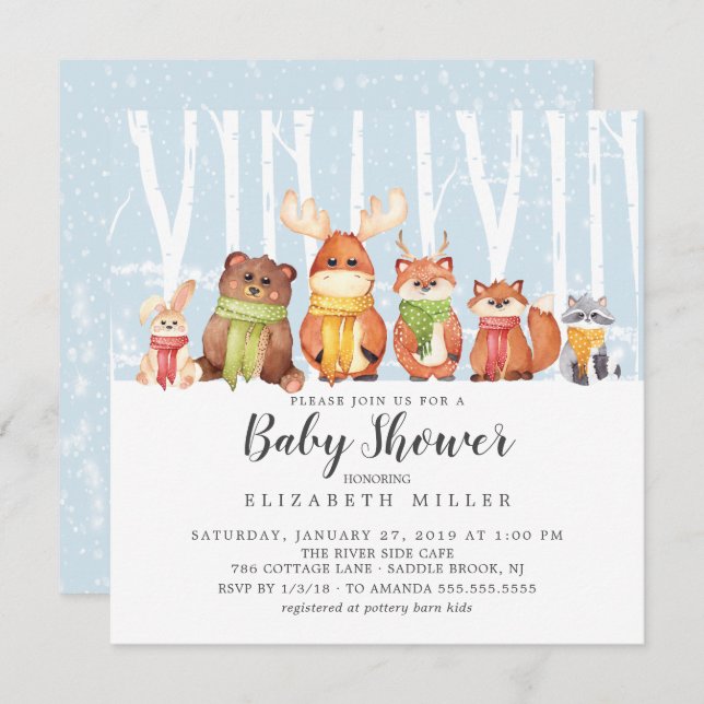 Invitation Baby shower des animaux des bois d'hive (Devant / Derrière)