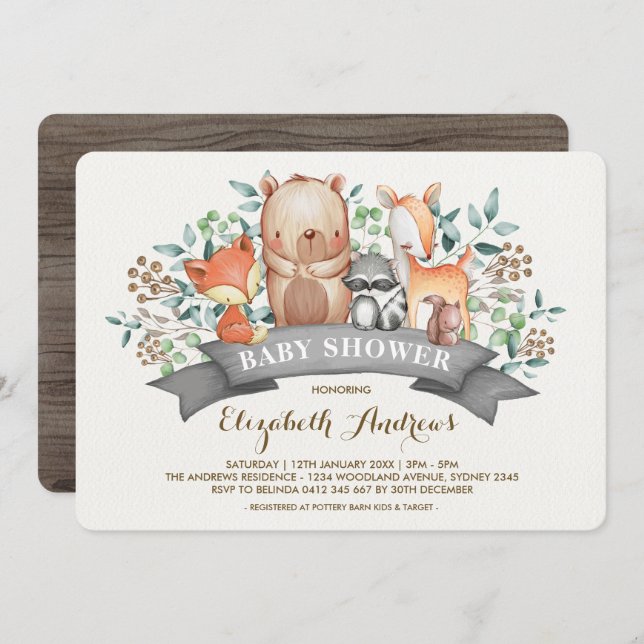 Invitation Baby shower des animaux des bois| Forêt lunaire (Devant / Derrière)