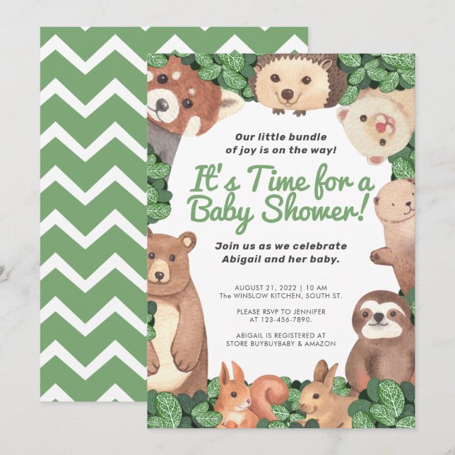 Invitation Baby shower des animaux des bois (ours et paresseu (Devant / Derrière)