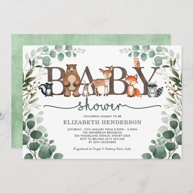 Invitation Baby shower des animaux des forêts d'Eucalyptus (Devant / Derrière)