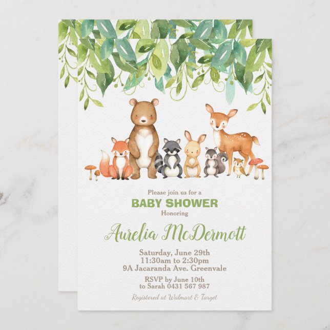 Invitation Baby shower des animaux des forêts Neutralité des  (Devant / Derrière)