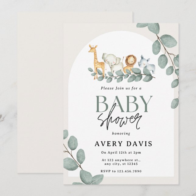 Invitation Baby shower des animaux forestiers (Devant / Derrière)