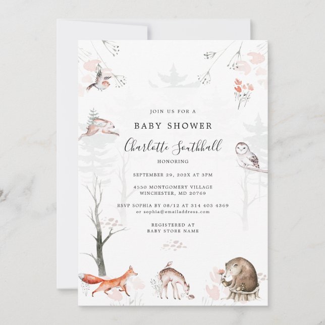 Invitation Baby shower des animaux forestiers (Devant)