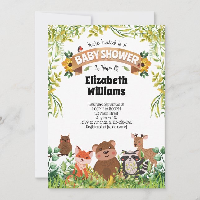 Invitation Baby shower des animaux forestiers (Devant)