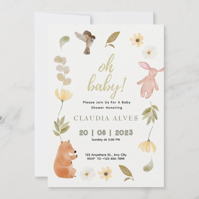 Invitation Baby shower des animaux forestiers (Devant)