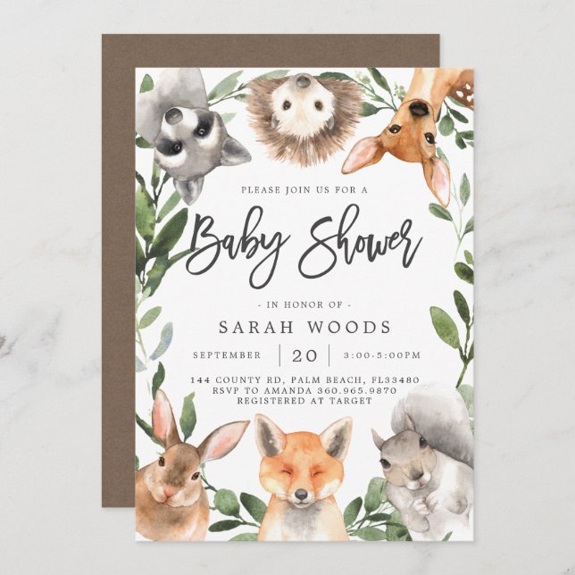 Invitation Baby shower des animaux forestiers (Devant / Derrière)