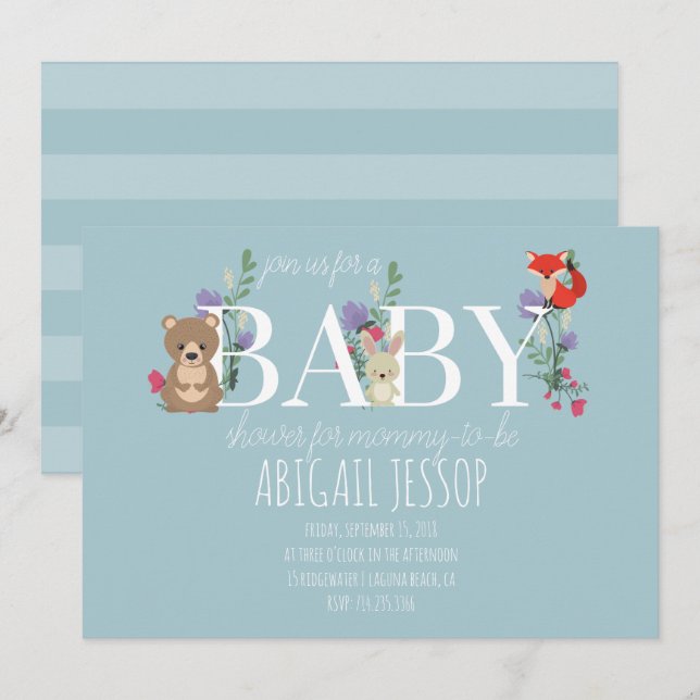 Invitation Baby shower des animaux forestiers (Devant / Derrière)