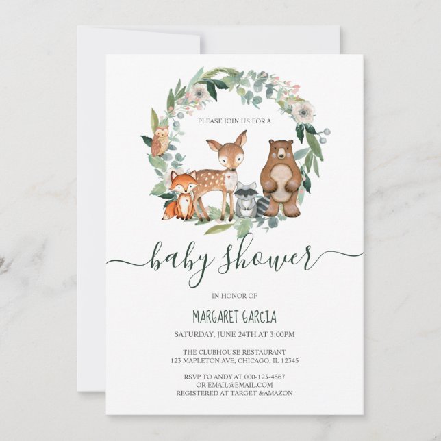 Invitation Baby shower des animaux forestiers neutres selon l (Devant)